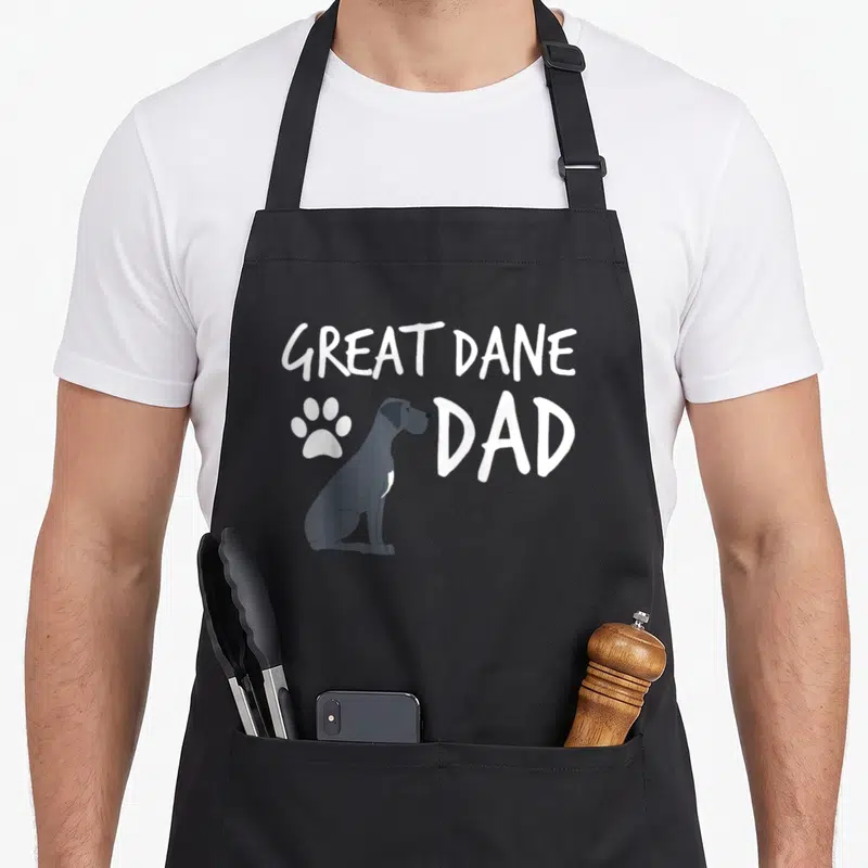 Dane puppy dog apron - Grey cartoon Great Dane sitting between white paw print and text GREAT DANE DAD — shown on a black cotton canvas apron against a white background
