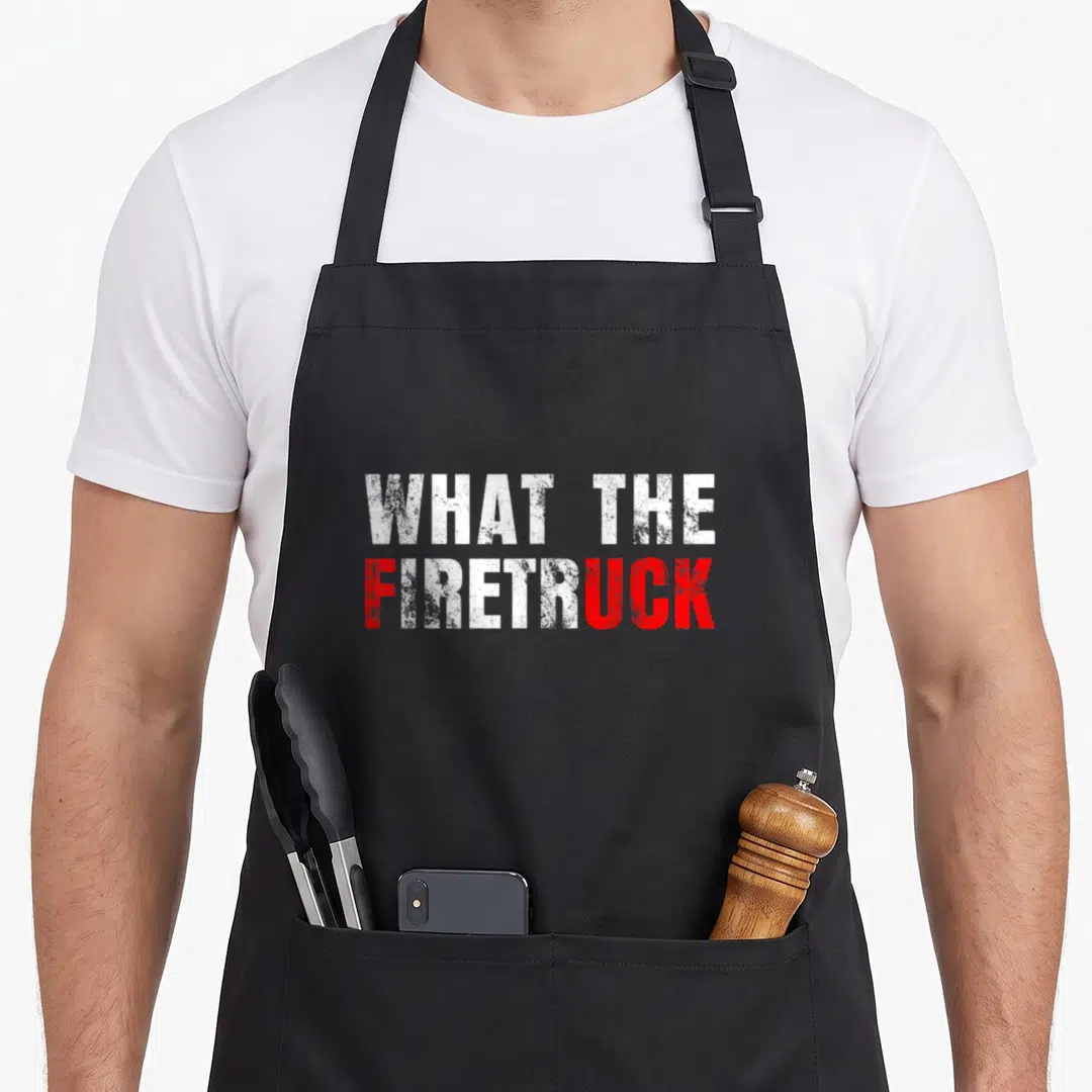 Firetruck firefighter aprons - Stacked white and red distressed text reading What The Firetruck — shown on a black cotton canvas apron against a white background