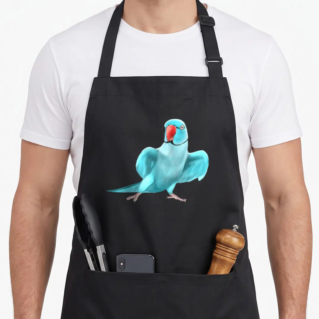 Ringneck bird apron - Photo of blue parrot with red beak and pink legs — shown on a black cotton canvas apron against a white background