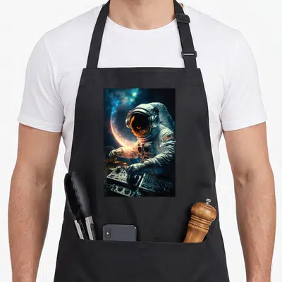 Cosmic dj quotes apron - Realistic astronaut DJing in space with glowing planet and starry nebula in white blue orange — shown on a black cotton canvas apron against a white background