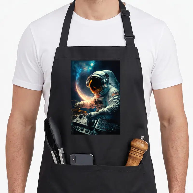 Cosmic dj quotes apron - Realistic astronaut DJing in space with glowing planet and starry nebula in white blue orange — shown on a black cotton canvas apron against a white background