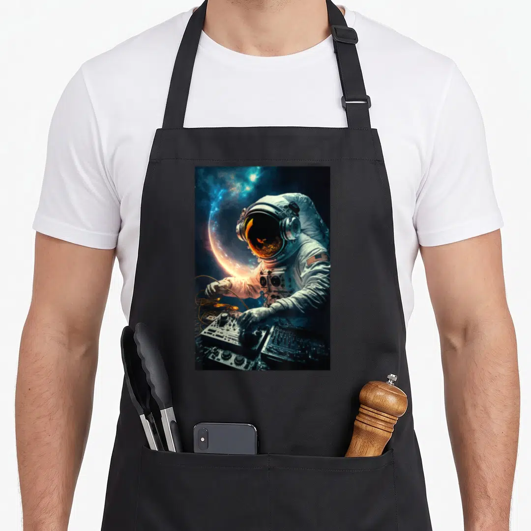 Cosmic dj quotes apron - Realistic astronaut DJing in space with glowing planet and starry nebula in white blue orange — shown on a black cotton canvas apron against a white background