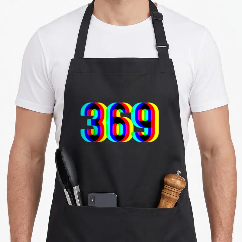 Numerology manifestation apron - 369 typography in cyan magenta yellow and black anaglyph style — shown on a black cotton canvas apron against a white background