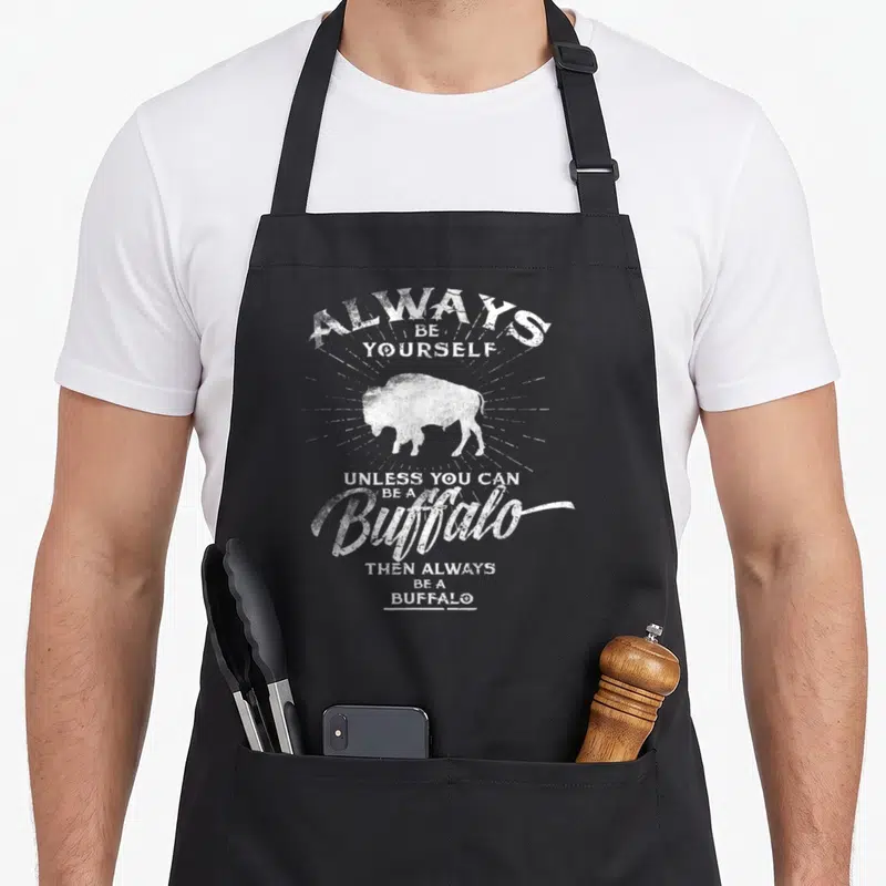 Alway animal apron - White distressed buffalo silhouette with stacked text and sunburst rays — shown on a black cotton canvas apron against a white background