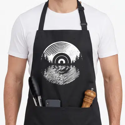 Record album vinyl apron - White distressed circular sun rings over treeline mirrored in water — shown on a black cotton canvas apron against a white background