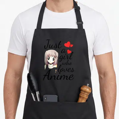 Anime kawaii aprons - Anime girl with purple hair next to stacked text and three red hearts — shown on a black cotton canvas apron against a white background