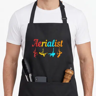 Aerialist grill instructor apron - Aerialist in red yellow blue orange script above four matching colored aerialist — shown on a black cotton canvas apron against a white background