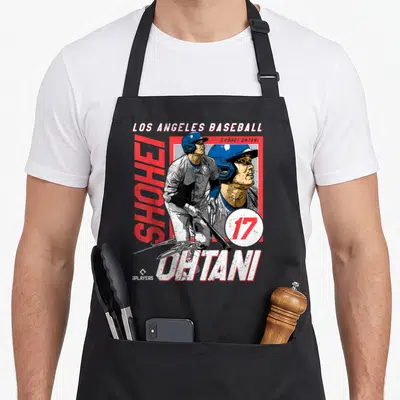 Shohei baseball apron - Realistic Ohtani batter graphic with LOS ANGELES BASEBALL text and number 17 in red white blue — shown on a black cotton canvas apron against a white background