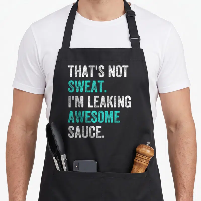 Sweat sauce apron - Stacked white and turquoise distressed text reading that's not sweat i'm leaking awesome sauce — shown on a black cotton canvas apron against a white background