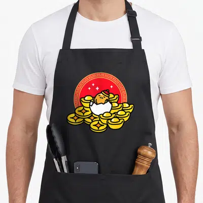 Lunar egg apron - Cartoon chick in shell on gold coins and sycee before red circle with white stars — shown on a black cotton canvas apron against a white background