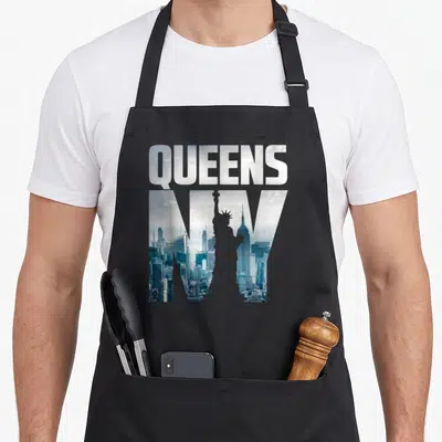 Skyline new york aprons - Stacked QUEENS NY text filled with blue white NYC skyline photo and Statue of Liberty — shown on a black cotton canvas apron against a white background