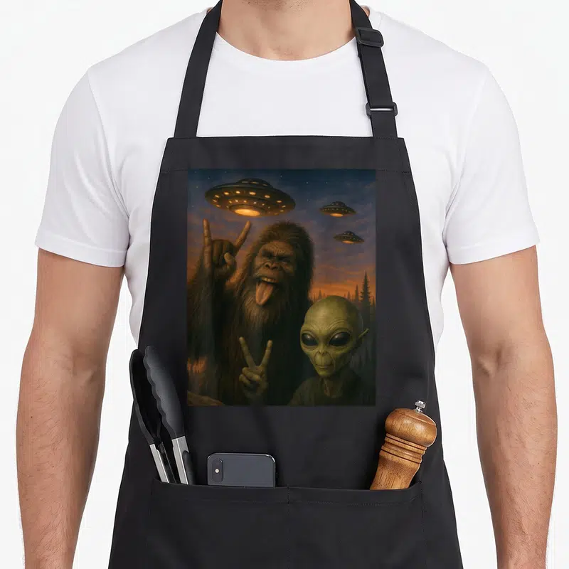 Alien rock bigfoot apron - Realistic brown Bigfoot and green alien making peace signs under three UFOs in a night sky — shown on a black cotton canvas apron against a white background