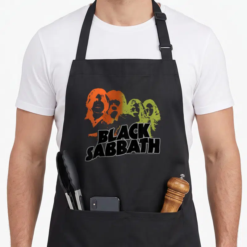 Band sketch black sabbath apron - Four colorful band member silhouettes above black BLACK SABBATH text — shown on a black cotton canvas apron against a white background