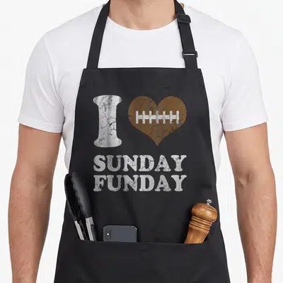 Funny sunday football apron - Brown heart with white football lacing and distressed I SUNDAY FUNDAY text — shown on a black cotton canvas apron against a white background