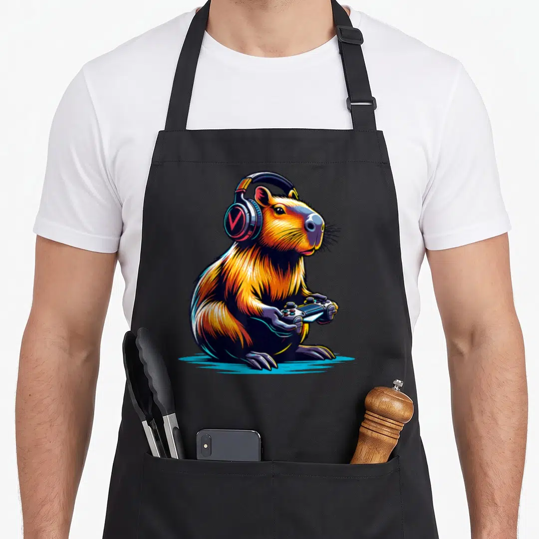 Rodent video game apron - Cartoon capybara wearing headphones and holding game controller in orange blue black art — shown on a black cotton canvas apron against a white background