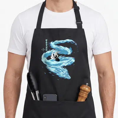 Toshiro dragon apron - Blue ice dragon winding around a sword-wielding man with Japanese characters to the left — shown on a black cotton canvas apron against a white background