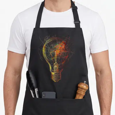 Light colorful aprons - Scribbled light bulb shape in yellow orange and red line art — shown on a black cotton canvas apron against a white background