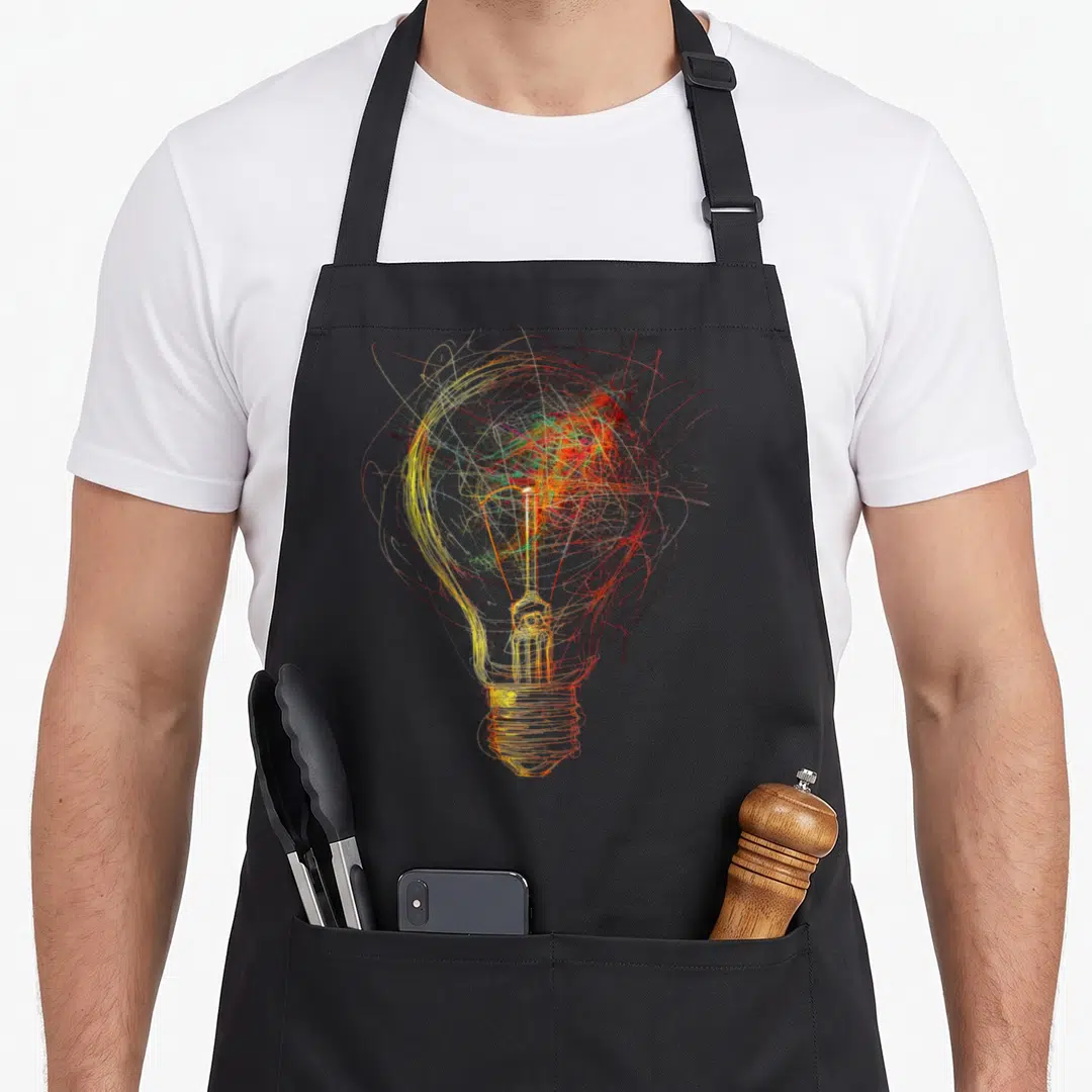 Light colorful aprons - Scribbled light bulb shape in yellow orange and red line art — shown on a black cotton canvas apron against a white background