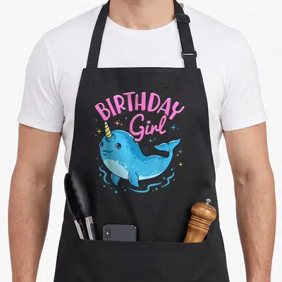 Narwhal birthday apron - BIRTHDAY Girl text arching over a blue cartoon narwhal with yellow horn and scattered stars — shown on a black cotton canvas apron against a white background