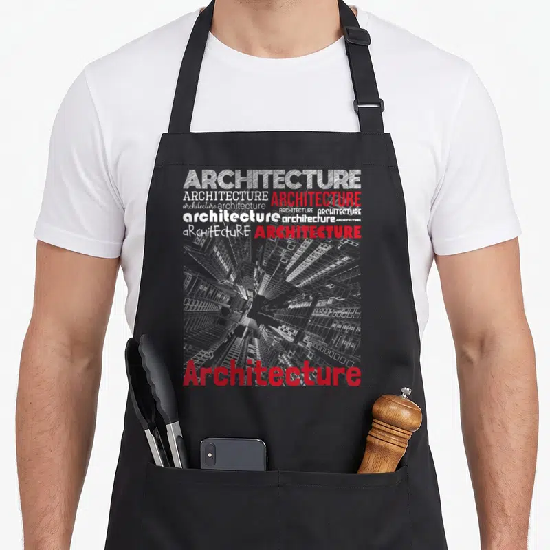 Architecture engineer apron - Stacked white and red ARCHITECTURE text framing a white line-art cityscape drawing — shown on a black cotton canvas apron against a white background