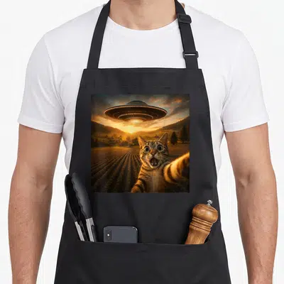 Selfie alien funny cat apron - Tabby cat selfie with UFO hovering over rural sunset fields — shown on a black cotton canvas apron against a white background