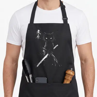 Samurai ukiyo cat apron - Stylized grey cat holding two crossed katanas with white kanji text in line-art style — shown on a black cotton canvas apron against a white background