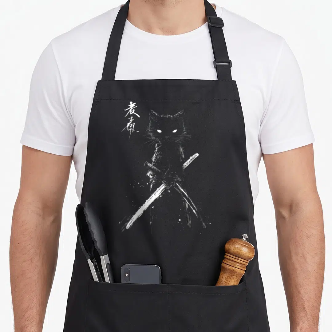 Samurai ukiyo cat apron - Stylized grey cat holding two crossed katanas with white kanji text in line-art style — shown on a black cotton canvas apron against a white background