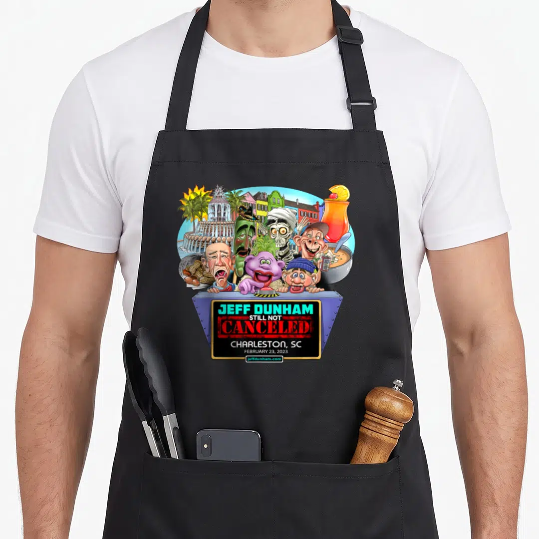 Jeff charleston apron - Caricatures and text Still Not Canceled Charleston SC Feb 23 2023 — shown on a black cotton canvas apron against a white background