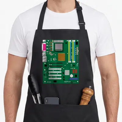 Software science apron - Cartoon green motherboard with grey yellow blue and orange components — shown on a black cotton canvas apron against a white background