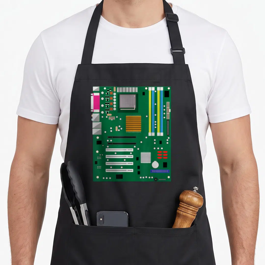 Software science apron - Cartoon green motherboard with grey yellow blue and orange components — shown on a black cotton canvas apron against a white background