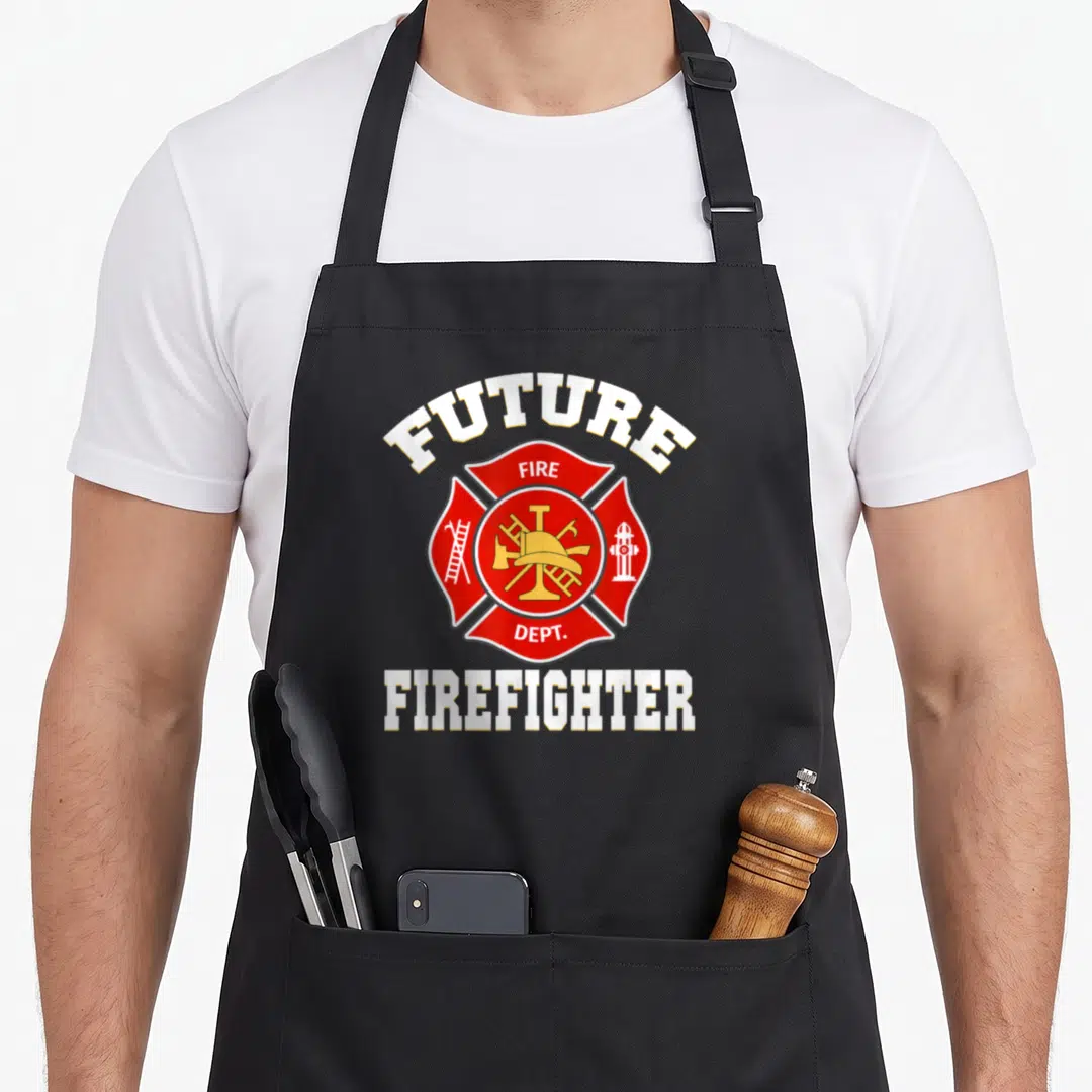 Future firefighter apron - Red Maltese cross with yellow helmet axe ladder hydrant and white text — shown on a black cotton canvas apron against a white background