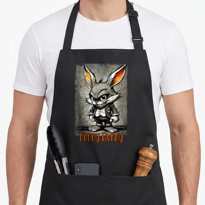 Rabbit critter bunny apron - Cartoon rabbit in suit with funny bunny text in grey orange black white — shown on a black cotton canvas apron against a white background