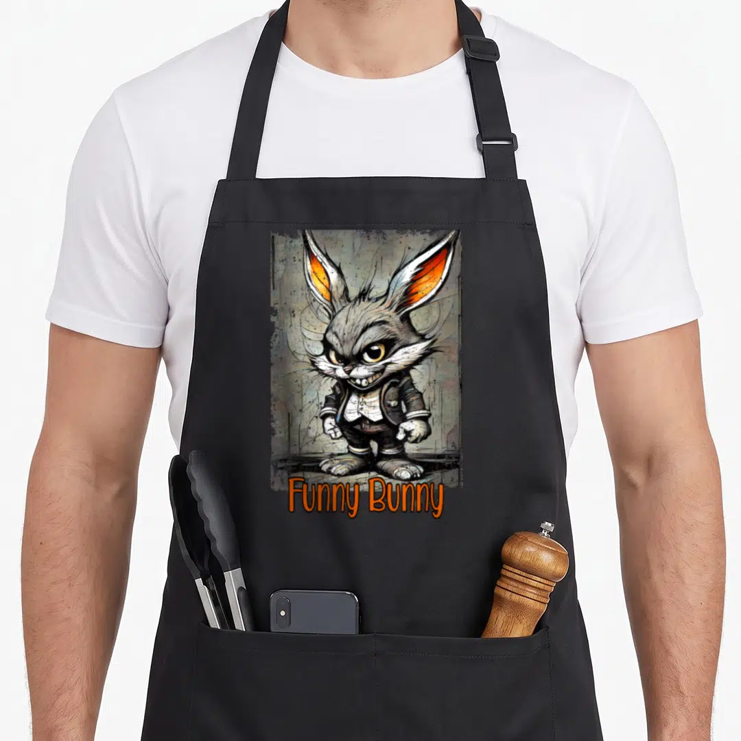 Rabbit critter bunny apron - Cartoon rabbit in suit with funny bunny text in grey orange black white — shown on a black cotton canvas apron against a white background