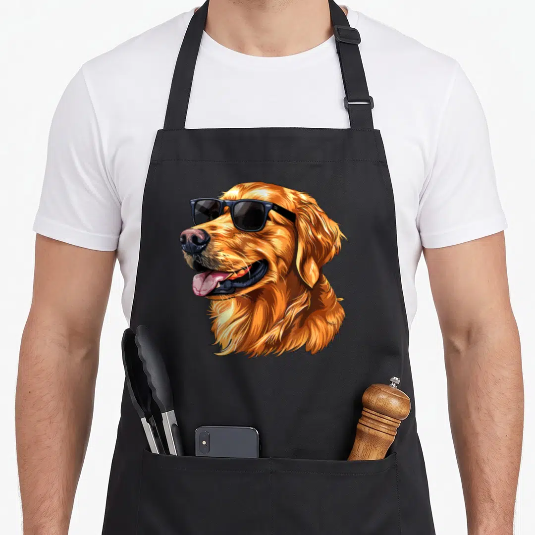 Dog sunglass golden retriever apron - Realistic golden dog head wearing black sunglasses with pink tongue sticking out — shown on a black cotton canvas apron against a white background