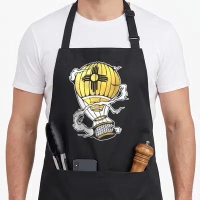Zia balloon apron - Yellow hot air balloon with Zia sun symbol and white clouds on black apron — shown on a black cotton canvas apron against a white background