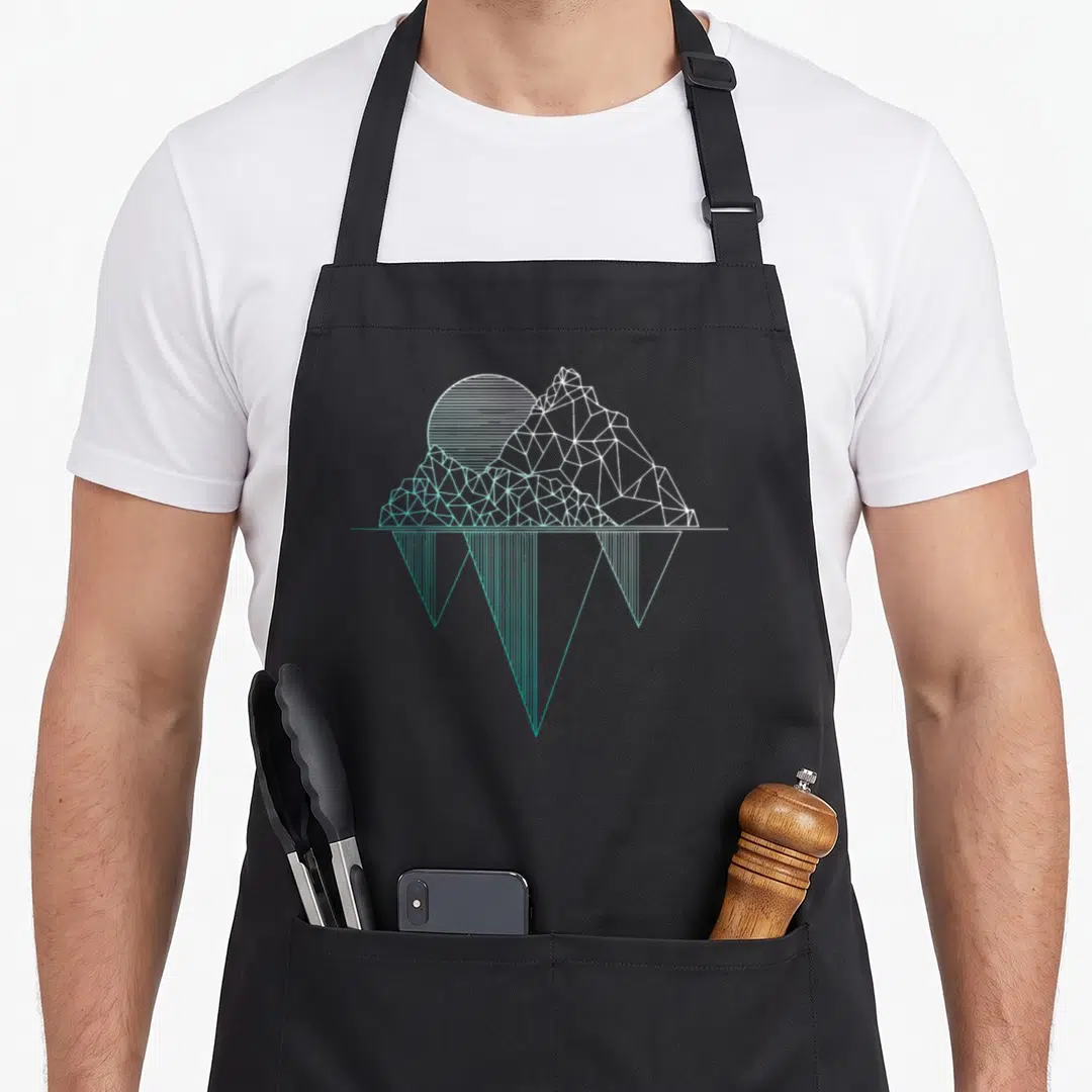 Climbing camping apron - Geometric mountain and sun in white and light blue line art with mirrored reflection — shown on a black cotton canvas apron against a white background