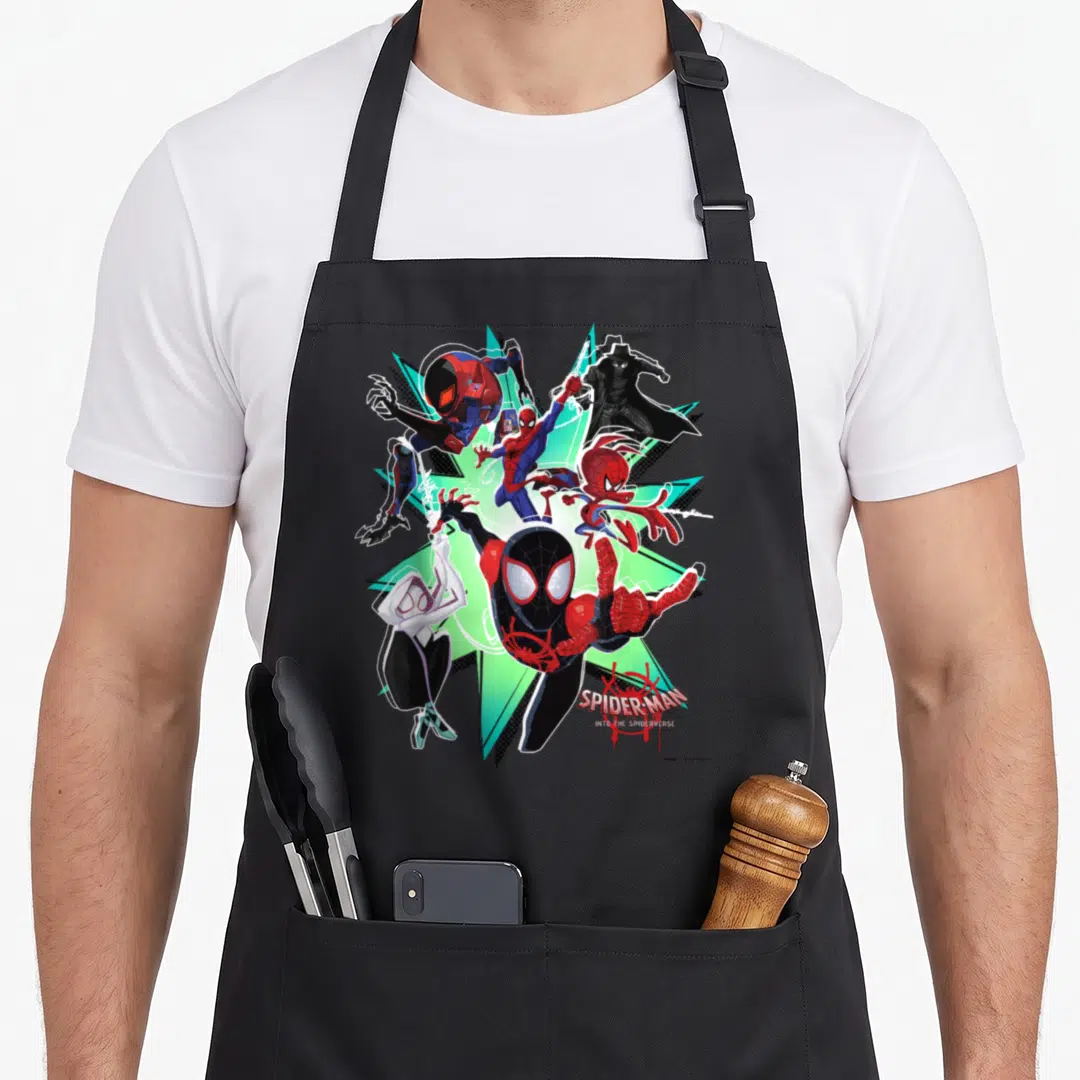 Action spider apron - Five Spider-people over teal green shards with SPIDER-MAN INTO THE SPIDERVERSE text — shown on a black cotton canvas apron against a white background