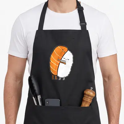Sushi anime apron - Cartoon salmon hugging white rice sushi figure in orange and black outline — shown on a black cotton canvas apron against a white background