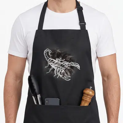 Scorpion stylish apron - White line-art scorpion illustration surrounded by grey smoke wisps on dark background — shown on a black cotton canvas apron against a white background