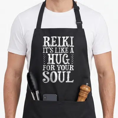 Reiki yoga life apron - White stacked typography reading REIKI IT'S LIKE A HUG FOR YOUR SOUL with chevron accents — shown on a black cotton canvas apron against a white background