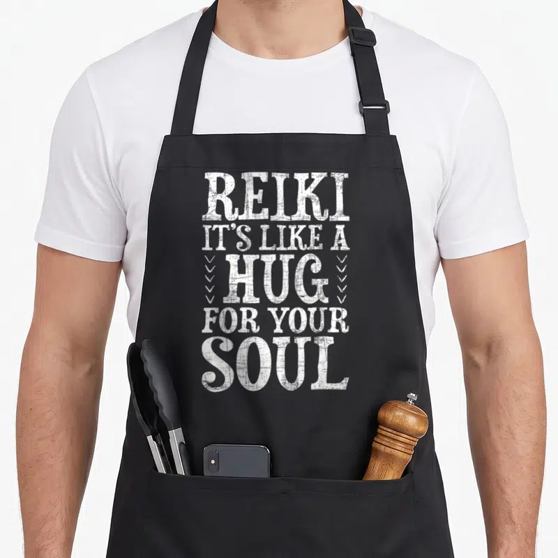 Reiki yoga life apron - White stacked typography reading REIKI IT'S LIKE A HUG FOR YOUR SOUL with chevron accents — shown on a black cotton canvas apron against a white background
