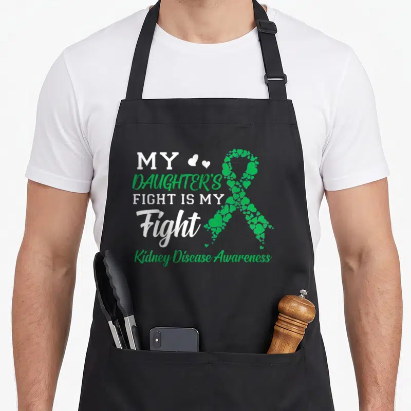 Daughter fight kidney disease awareness apron - Stacked white and green text next to a ribbon made of small green — shown on a black cotton canvas apron against a white background