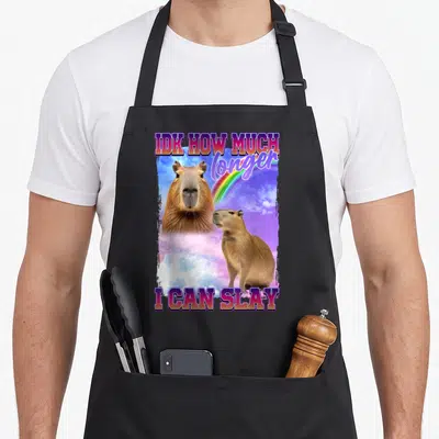 Idk funny meme apron - Two brown capybaras on rainbow clouds with IDK HOW MUCH LONGER I CAN SLAY text — shown on a black cotton canvas apron against a white background