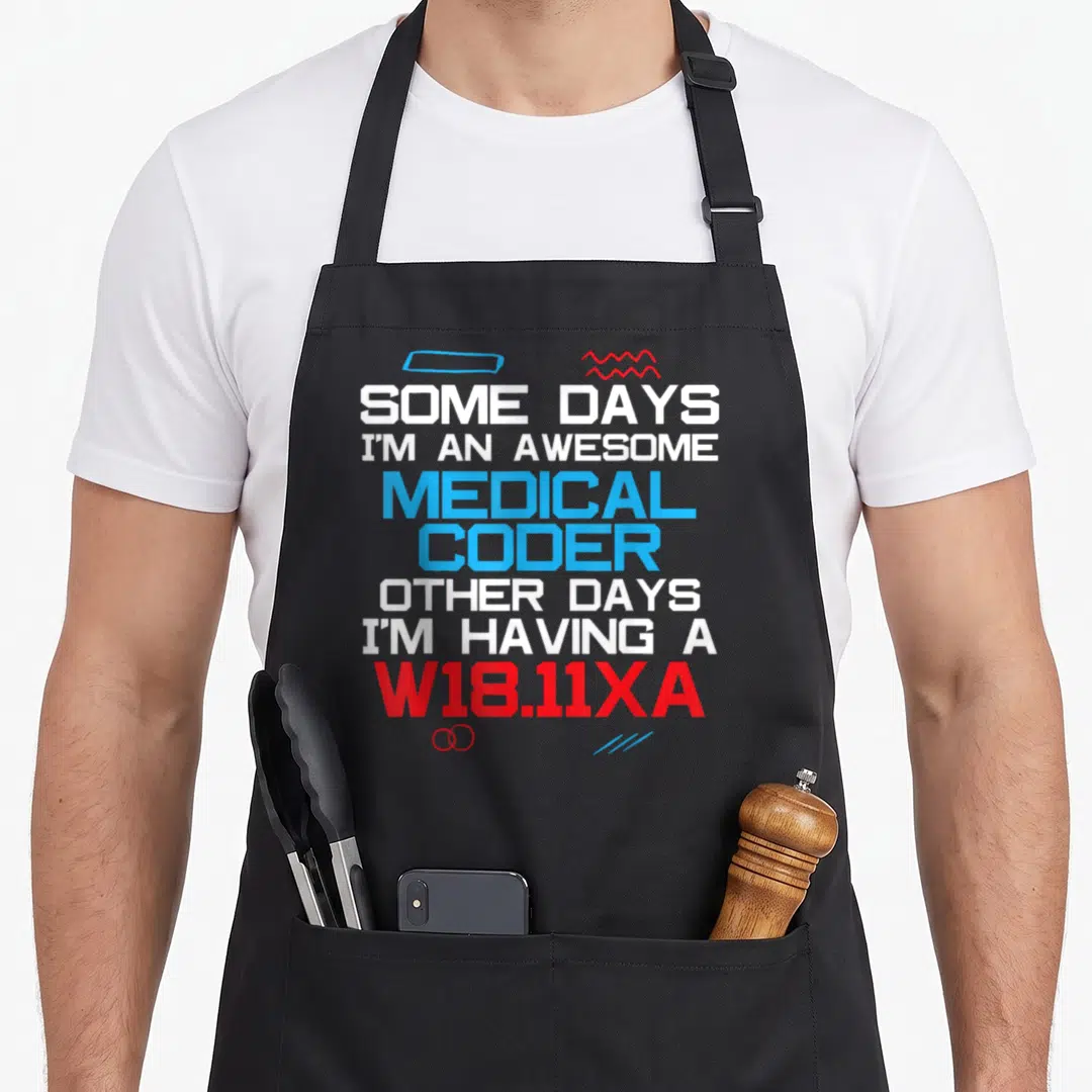 Medical coder apron - Stacked text reading W18.11XA with blue rectangle and red zigzag geometric accents — shown on a black cotton canvas apron against a white background