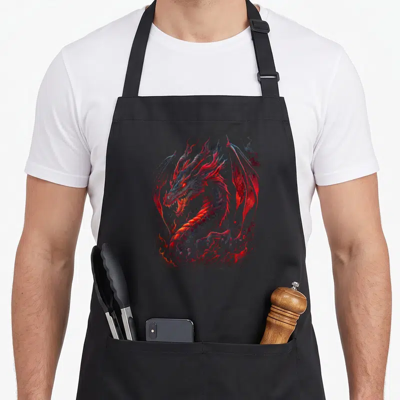 Firedrake dragon apron - Red grey and blue Chinese fire drake dragon with swirling flames — shown on a black cotton canvas apron against a white background