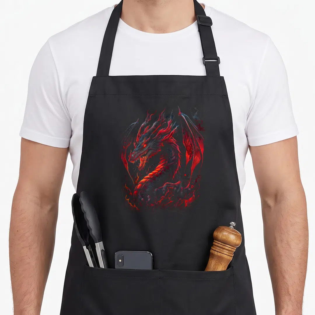 Firedrake dragon apron - Red grey and blue Chinese fire drake dragon with swirling flames — shown on a black cotton canvas apron against a white background