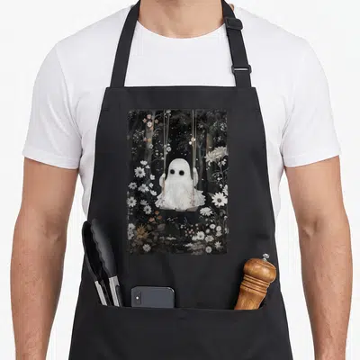 Cottagecore floral apron - Ghost on swing surrounded by white flowers and trees in a distressed rectangular frame — shown on a black cotton canvas apron against a white background
