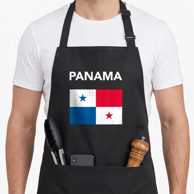 Funny panama panamanian girl apron - PANAMA text above white red and blue flag with stars — shown on a black cotton canvas apron against a white background