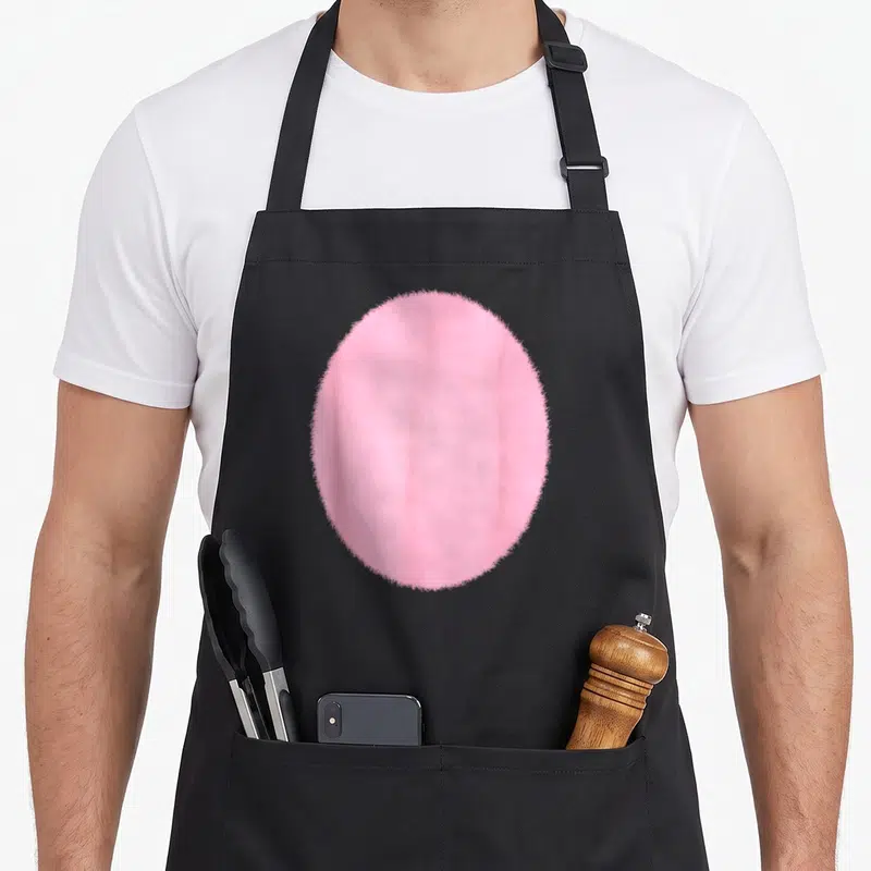 Tummy easter bunny aprons - Single pink circle with fuzzy edges centered on grey background — shown on a black cotton canvas apron against a white background