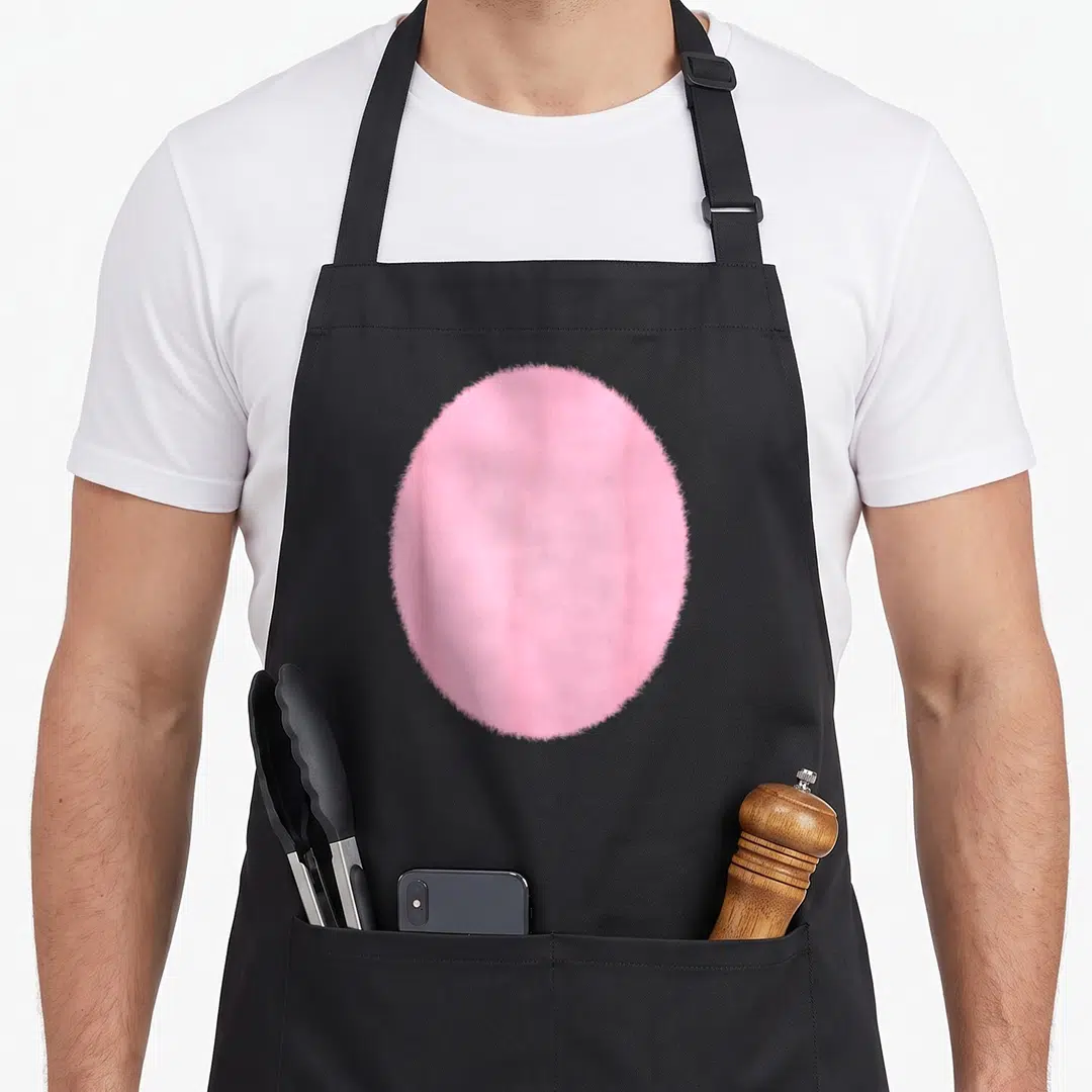 Tummy easter bunny aprons - Single pink circle with fuzzy edges centered on grey background — shown on a black cotton canvas apron against a white background